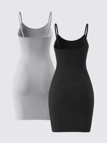 SHEIN BASICS Set de 2 piezas Vestido minifalda entallado de punto de color liso para mujeres - Multicolor - Ver 2