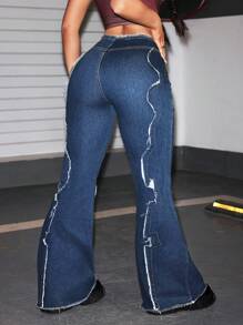 SHEIN ICON Women's Casual Extra Long Denim Flare Jeans With Distressed Ripped Detailing And Zipper Closure - Blue - View 2
