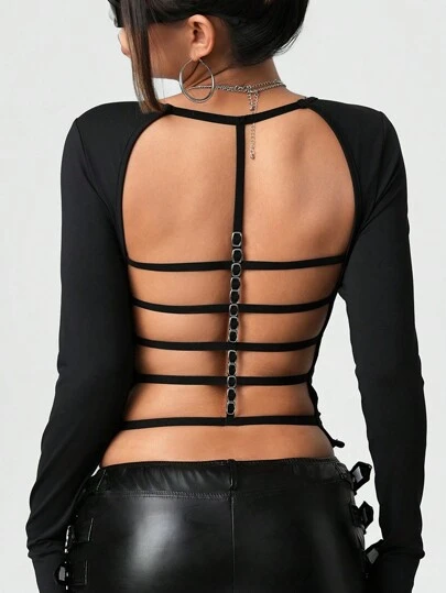 SHEIN ICON Women's Solid Color Crew Neck Long Sleeve Hollow Out Minimalist Y2K Backless Sexy Black Top, Casual Daily Wear