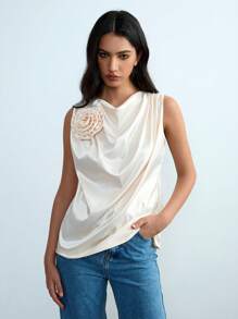 Chiquease Women's Solid Color 3D Floral Decor Pleated Camisole