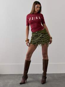 MUSERA Extreme Shred Detail Mid Rise Denim Mini Skirt, Spring 90's Y2k Cute Sexy Summer Festival - Army Green - View 1