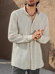 Manfinity RSRT Męska koszula z długim rękawem i guzikami z przodu, w paski, casualowa - Wielokolorowe - Zobacz 5