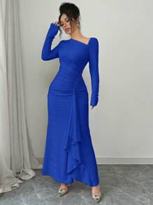 Elenzga Đầm Maxi Ôm Body Dệt Kim Họa Tiết Thanh Lịch Cho Nữ Đi Làm Đi Làm, Tay Dài, Cổ Bất Đối Xứng, Eo Nhún, Quyến Rũ - Xanh đậm - Xem 7