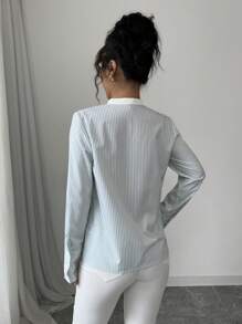 Elenzga Blusa holgada de mujer de manga larga, cuello alto y frente abierto, con diseño de rayas, elegante y de moda