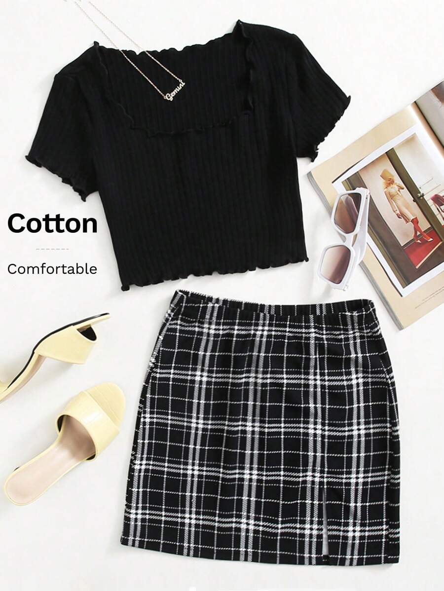 SHEIN EZwear Bộ thời trang Chia Sọc ca rô Sẵn sàng - màu đen - Xem 1
