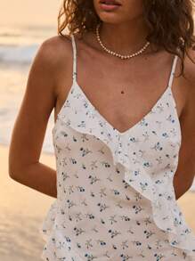Aralina Summer Beach Outfit Vacation Ruffle Ditsy Floral Strappy Sundress Dress - Multicolor - View 4