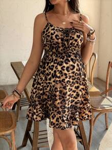 SHEIN Maternity Leopard Print Camisole Patchwork Ruched Hem Dress For Summer - Multicolor - View 3