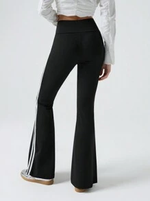 SHEIN EZwear High Waist Casual Striped Tape Side Flare Leg Pants - Black - View 2