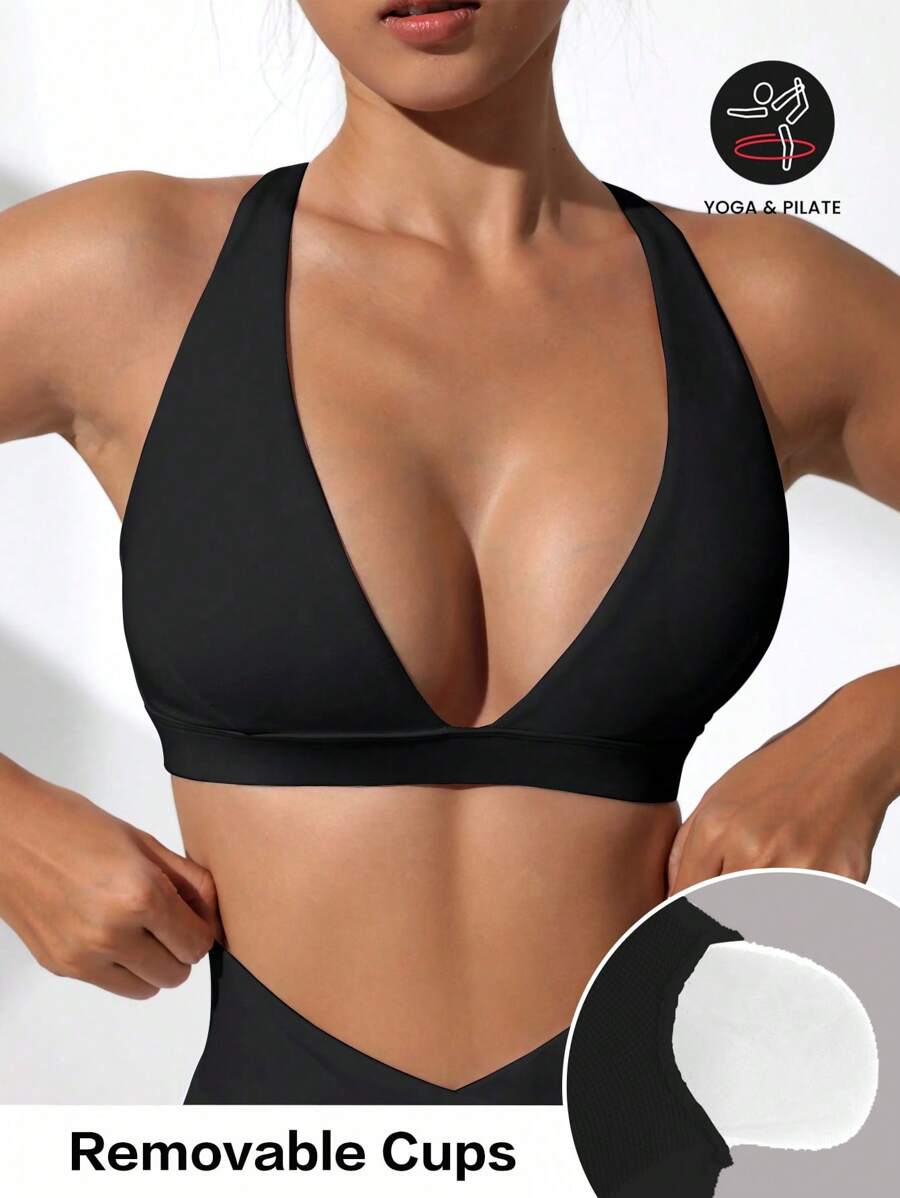Easithlete 女士運動胸罩，背部設計露背展現性感背部 - 黑色 - 查看 1