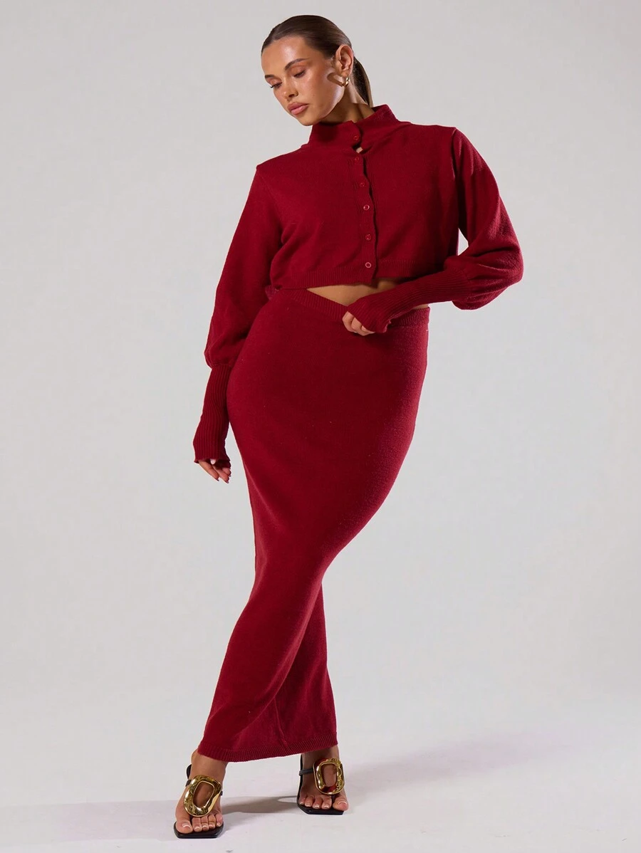 MUSERA Knitted Maxi Sweater Skirt  Chic - Burgundy - View 1