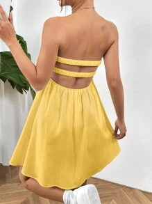 SHEIN EZwear Damen gelbes gewebtes trägerloses Sommerkleid für den Urlaub - Gelb - Übersicht 2