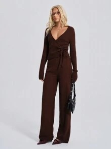 RueChic Women's Brown Ribbed Knit Long-Sleeve V-Neck Top And High-Waisted Pants Set With Front Drawstring Tie Detail - Brown - View 5