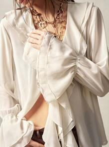 Bohemela BOHO Tropical Vacation Boho Woman Clothes Long Sleeve Loose Fit Solid Color Ruffle Trim Ladies Blouse - White - View 6