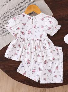 2 Stück/Set Baby Mädchen 0-3 Jahre Kleinkind Lässig vielseitig bequem Ditsy Blumen & gerippter gestrickter Volantärmel Top und Shorts Set