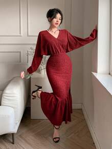 DAZY 安哥拉红色V领修身A字中长连衣裙，适合约会、派对、舞会等场合，荷叶边设计，秋季连衣裙，返校节礼服，长袖连衣裙，圣诞节、新年优雅女装 - 紅色 - 查看 1