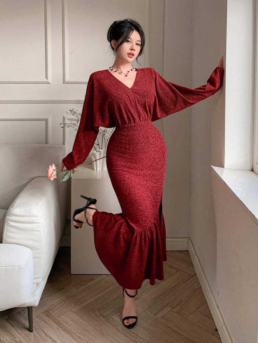 DAZY 安哥拉红色V领修身A字中长连衣裙，适合约会、派对、舞会等场合，荷叶边设计，秋季连衣裙，返校节礼服，长袖连衣裙，圣诞节、新年优雅女装 - 紅色 - 查看 1