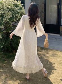 DAZY Vestido de verano y otoño/invierno de corte A con decoración floral bordada y con volantes de estilo francés elegante para mujer - Albaricoque - Ver 2