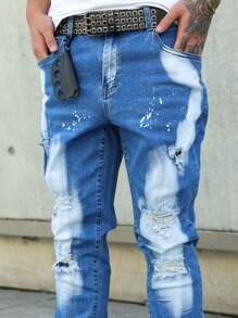 Manfinity EMRG Men's Casual Washed Ripped Slim-Fit Denim Jeans - Medium Wash - View 4