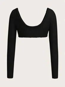 Sweetina 1 chiếc áo thun Y2K tay dài màu trơn siêu ngắn màu hồng gợi cảm, thích hợp cho mùa thu - màu đen - Xem 4