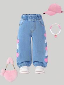 SHEIN 女婴时尚牛仔直筒裤，带心形刺绣缝线 - 淺色水洗藍 - 查看 1