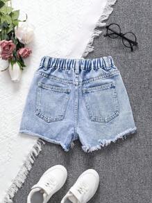 SHEIN Tween Girls' Light Blue Distressed Frayed Waistband Casual Washed Denim Shorts, School, Campus, College
