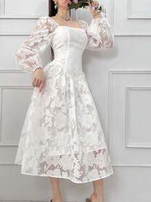Feyla 女士方领长袖花卉提花优雅中长连衣裙 - 白色 - 查看 7