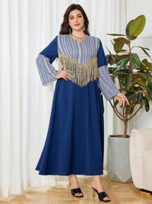 Lacomfia 大码女式优雅 V 领数码印花流苏宽松连衣裙，阿拉伯风格