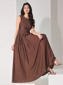 Heiryn 女士纯色圆领无袖休闲连衣裙 - 鏽棕色 - 查看 1