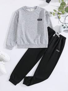 SHEIN Conjunto de 2 peças para meninos pré-adolescentes: blusa casual confortável cinza com gola redonda e manga comprida + calça preta