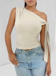 SHEIN PETITE 1pc Women's Solid Color Minimalist Oblique Collar Tied Blouse, Casual Daily Wear