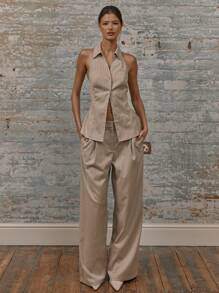 MUSERA 修身翻领单扣露背双肩带上衣，春夏休闲胶囊衣橱日常度假毕业典礼婚礼宾客装扮 - 灰色 - 查看 4