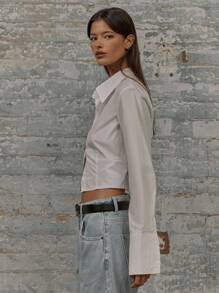 MUSERA Tailored Cropped Button Up Long Cuff Cinch Waist Collared Shirt Vacation Spring Summer - White - View 2