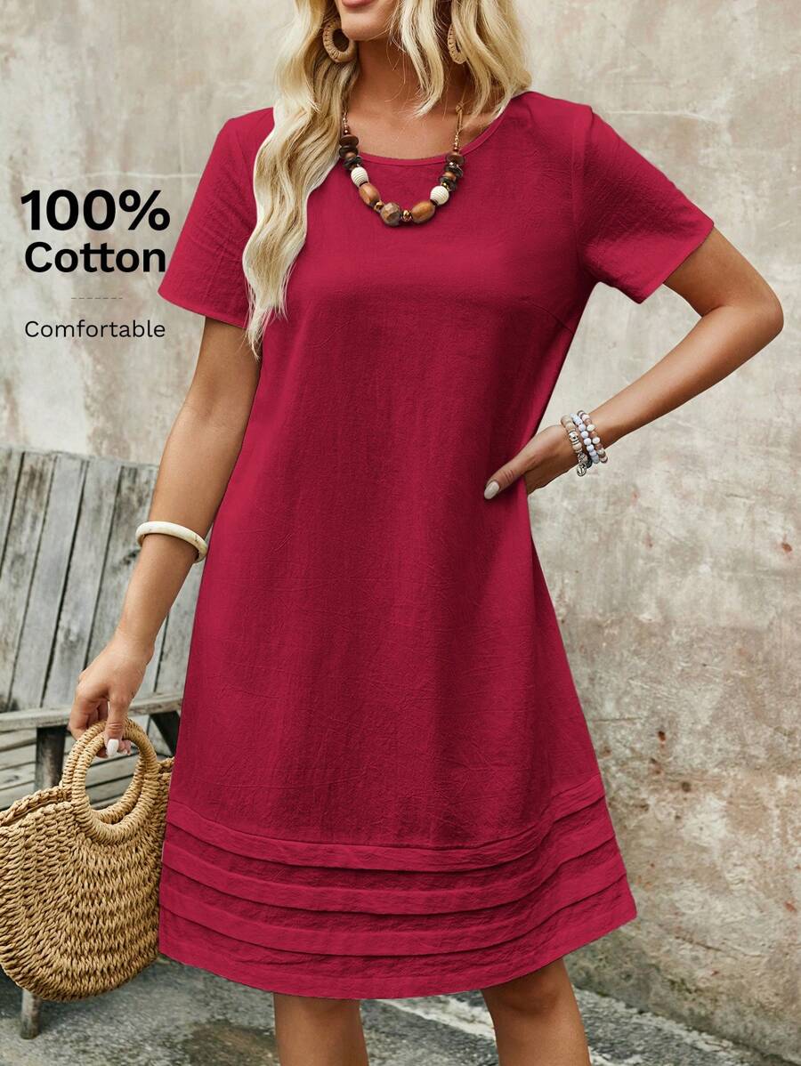 EMERY ROSE Women's Solid Color Simple Daily Short Sleeve Dress - Burgundy - View 1