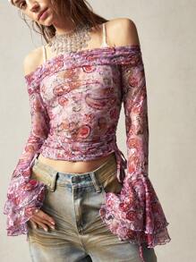 Bohemela 女士时尚性感露肩透视蕾丝喇叭袖衬衫 - 淺灰紫 - 查看 3