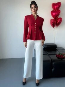 SHEIN Privé Elegancka damska marynarka z wyściełanymi ramionami i plisowaną talią - Burgund - Zobacz 4