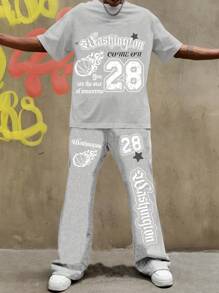 SHEIN Set da 2 pezzi per ragazzo adolescente, composto da t-shirt a maniche corte casual e pantaloni lunghi morbidi, stile punk rock da strada, adatto per festival primaverili/estivi e uso quotidiano, con stampe in inglese
