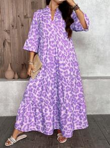 SHEIN LUNE Váy 4 tầng họa tiết da báo cỡ lớn thường ngày cho kỳ nghỉ xuân Boho Trang phục mùa hè Váy thường ngày đi biển - Màu Lilac Tím - Xem 1