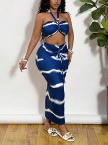 Slaydiva Plus-size dames vakantie halternek tanktop & bodycon rok 2-delige set