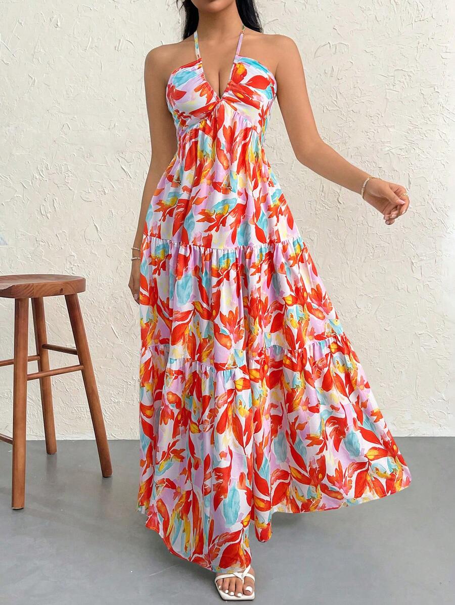 Firerie 女式花卉印花露背 V 领褶皱 A 字裙，适合夏威夷夏季海滩度假，约会/性感/优雅/度假/海滩/浪漫 - 彩色 - 查看 1