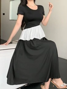 DAZY Vestido de largo medio con volantes asimétricos, patchwork y contraste de colores para mujer - Negro - Ver 8