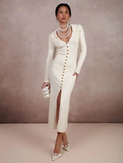 COSMINA Women's Solid Color Turn-Down Collar Long Sleeve Single-Breasted Long Cardigan