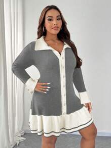 SHEIN Unity Plus Size Women Knitted Color Block Sweater Dress With Ruffle Trim & Button Detail, Elegant For Autumn/Winter Fall Cloth For Women - Grey - View 4