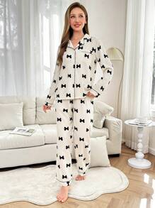Contrast Color Trim Bubble Chiffon Bow Print Lapel Long Sleeve Pajama Set For Women - Black - View 4