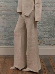 MUSERA Knit High Rise Wide Leg Slouch Trousers Vacation Elegant - Apricot - View 3