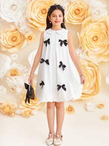 SHEIN Leap Crew 女童宽松优雅彼得潘领无袖蝴蝶结装饰 A 字形连衣裙 - 白色 - 查看 3