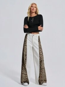 EURMUSE HOCHTAILLIERTE EXTRA WEIT GESCHNITTENE Y2K STREET STYLE LEOPARDEN JEANS - Weiss - Übersicht 5