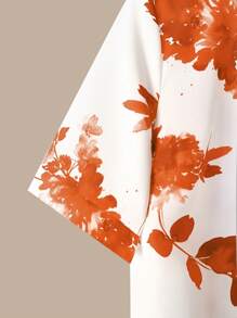 EMERY ROSE 2 件套女士花卉印花圆领短袖上衣和裤子，新年休闲装 - 橘色 - 查看 4