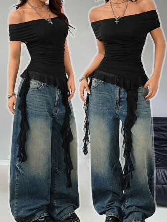 Coolane 女士休闲街头风音乐节露肩网纱荷叶边不对称下摆无肩带上衣，情人节