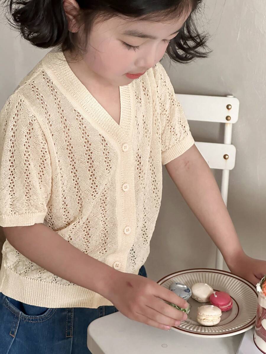 DAZY Young Girl Solid Color Short Sleeve Single-Breasted Casual Hollow Out Cardigan,Girls Summer Outfits - Apricot - View 1