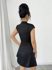 Chiquease Đầm ngắn thường ngày cổ chữ V màu trơn cho nữ tay ngắn - màu đen - Xem 2